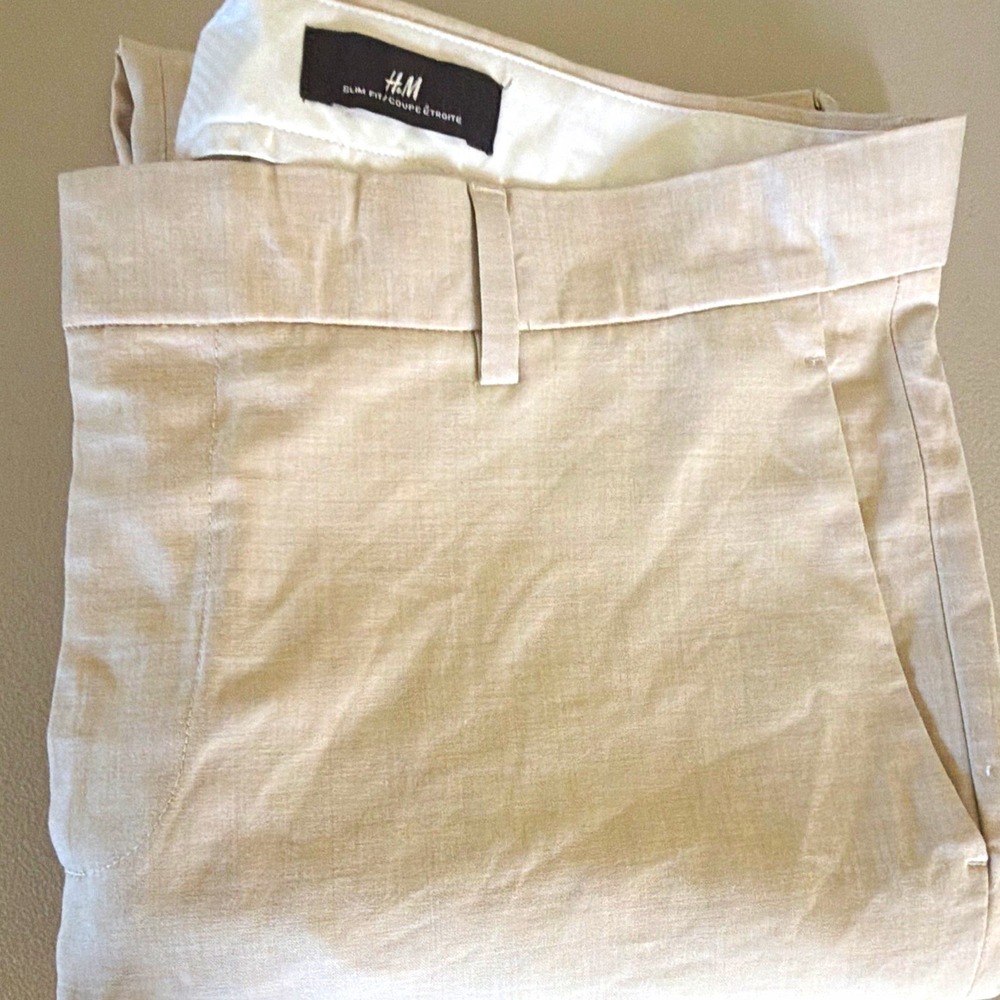 H&M Men's 38x31 Beige Linen Slim Fit Flat Front Straight Leg Dress Pants